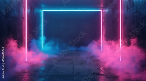 Neon Dreamscape, An empty dark room illuminated by vibrant blue and pink neon lights, enveloped in swirling smoke, creating a modern eerie atmosphere of intrigue and mystery.
