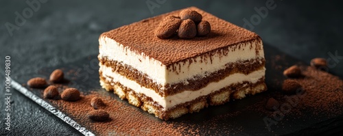 Delicious tiramisu cake dusted with cocoa powder on dark background photo