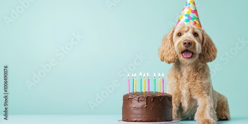 On a pale blue backdrop, a charming dog donning a birthday cap sits next to a chocolate cake with multicolored candles. photo