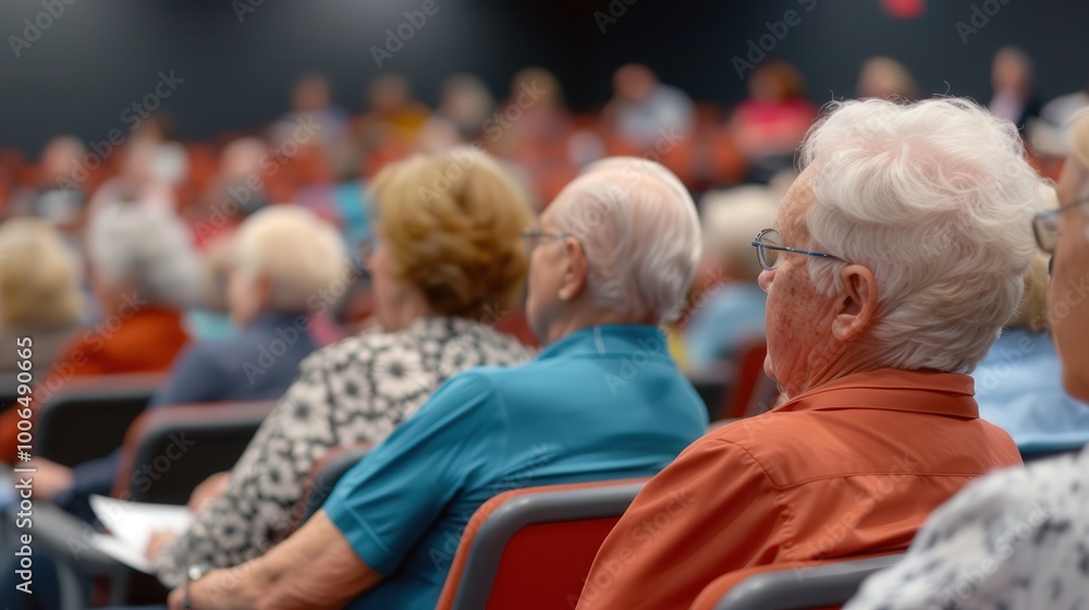 Lifelong Learning in Action, Seniors engaged in a vibrant lecture, modern auditorium filled with knowledge, fostering community and connection among the elderly Lifelong Learning in Action, Seniors engaged in a vibrant lecture, modern auditorium filled with knowledge, fostering community and connection among the elderly