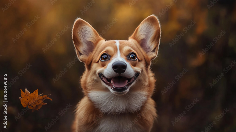 Close-up portrait of a smiling Corgi dog with autumn foliage in the background. Close-up portrait of a smiling Corgi dog with autumn foliage in the background.