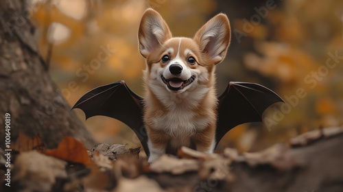 Corgi dog wearing a bat costume in a forest with autumn leaves. Halloween celebration.