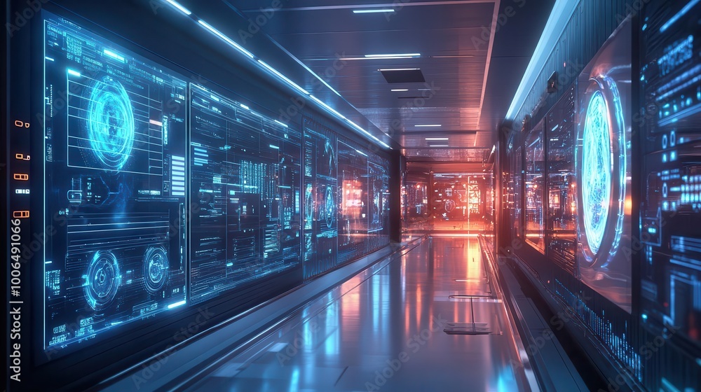 Fototapeta premium Healthcare technology with digital holographic displays, vibrant lighting, futuristic design, high-tech atmosphere