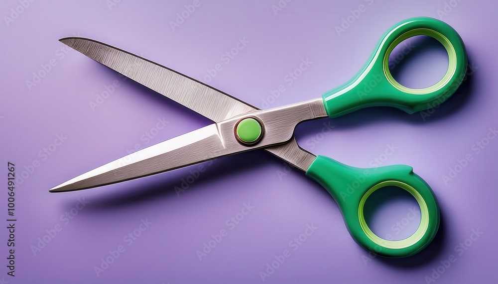 Close-Up of Stainless Steel Scissors with Green Handles Resting on a Smooth, Soft Purple Surface. Sharp and Modern Cutting Tool for Office, Crafts, or Home Use Close-Up of Stainless Steel Scissors with Green Handles Resting on a Smooth, Soft Purple Surface. Sharp and Modern Cutting Tool for Office, Crafts, or Home Use