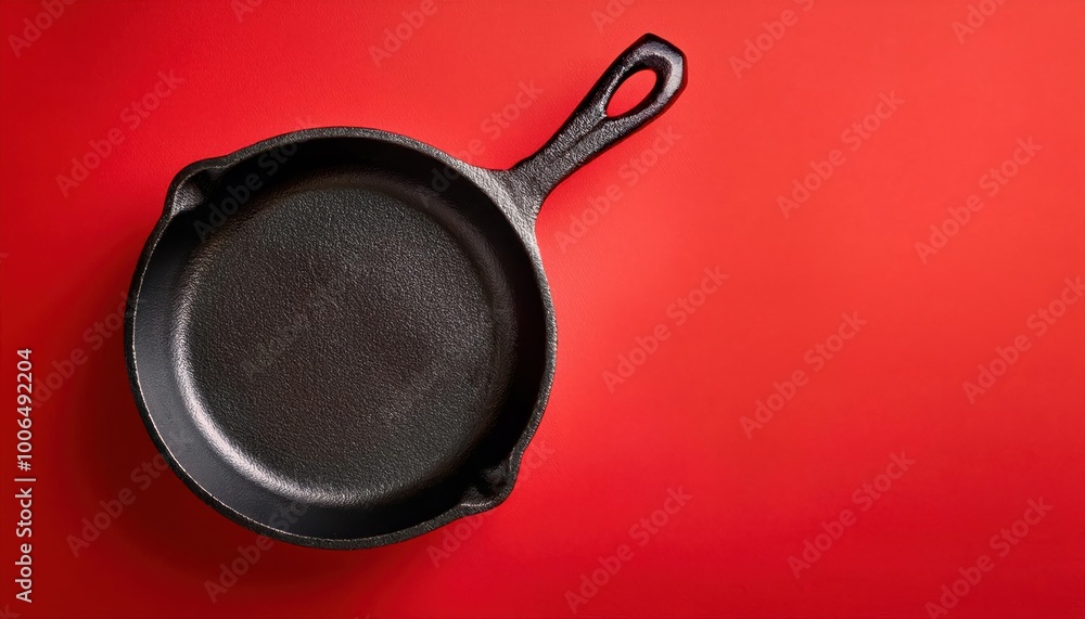 Top View of Black Cast Iron Skillet with Handle on Bright Red Background. Minimalist Kitchen Utensil Design, Perfect for Cooking or Restaurant Branding Concepts Top View of Black Cast Iron Skillet with Handle on Bright Red Background. Minimalist Kitchen Utensil Design, Perfect for Cooking or Restaurant Branding Concepts