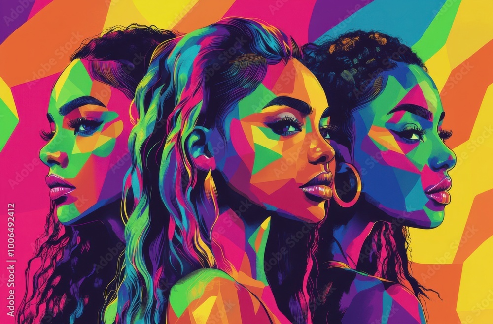 Obraz premium Dynamic and Vibrant Portraits Celebrating Female Identity in Colorful Geometric Style
