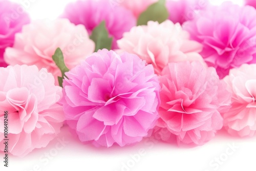 Pomegranate colored pom poms in shades of pink and hot pink, ideal for party decoration set against a white backdrop.