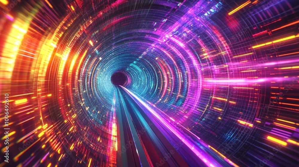 Obraz premium An illustration of a neon rainbow tunnel designed in a retro wave style, depicting a retro-futuristic sci-fi game scene with a warp tube.