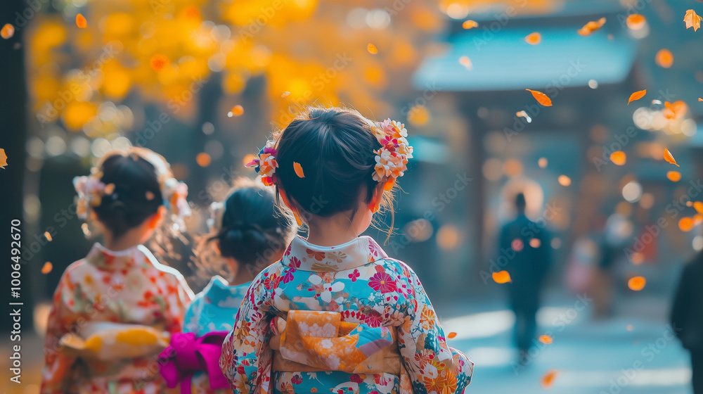 Shichi-Go-San Festival in Japan, children aged three, five and seven wearing colorful kimonos, walk with their families to the temple to pray, Ai generated images Shichi-Go-San Festival in Japan, children aged three, five and seven wearing colorful kimonos, walk with their families to the temple to pray, Ai generated images