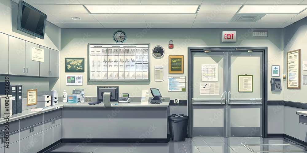 Nurse's Station Wall: Covered in patient care guidelines, shift schedules, and a board with nursing protocols. Nurse's Station Wall: Covered in patient care guidelines, shift schedules, and a board with nursing protocols.