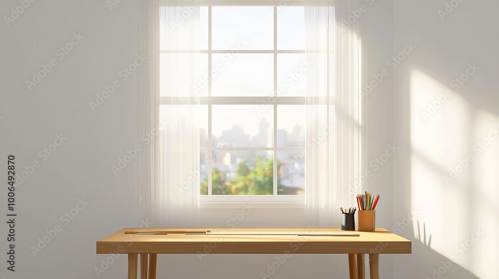 Fototapeta premium Drafting desk by a window, tools and rulers neatly placed, sunlight filtering in through sheer curtains