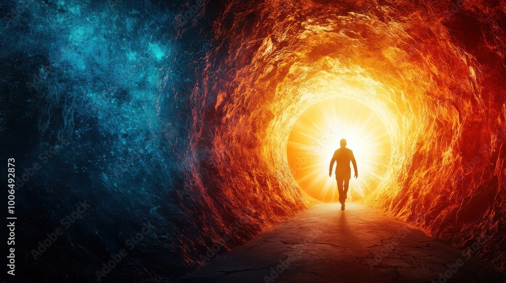 Naklejka premium Keyhole of Determination: A large, glowing keyhole in the middle of a vast stone wall, with a determined figure running toward it