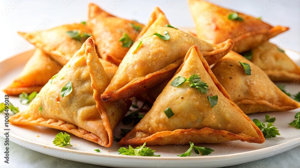 Crispy Vegetarian Samosas Served on White Plate Crispy Vegetarian Samosas Served on White Plate