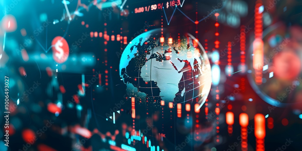 A digital globe surrounded by stock market charts, highlighting global finance and data.