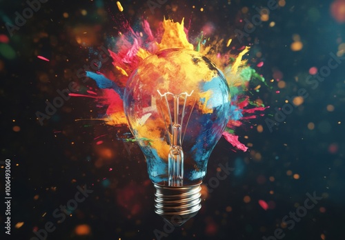 Vibrant Light Bulb with Color Explosion: A Symbol of Innovative Ideas and Creative Energy