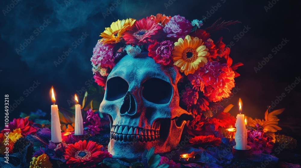 Festive skull adorned with bright flowers and candles, set against a dark background, creating a striking and colorful celebration of life and death.