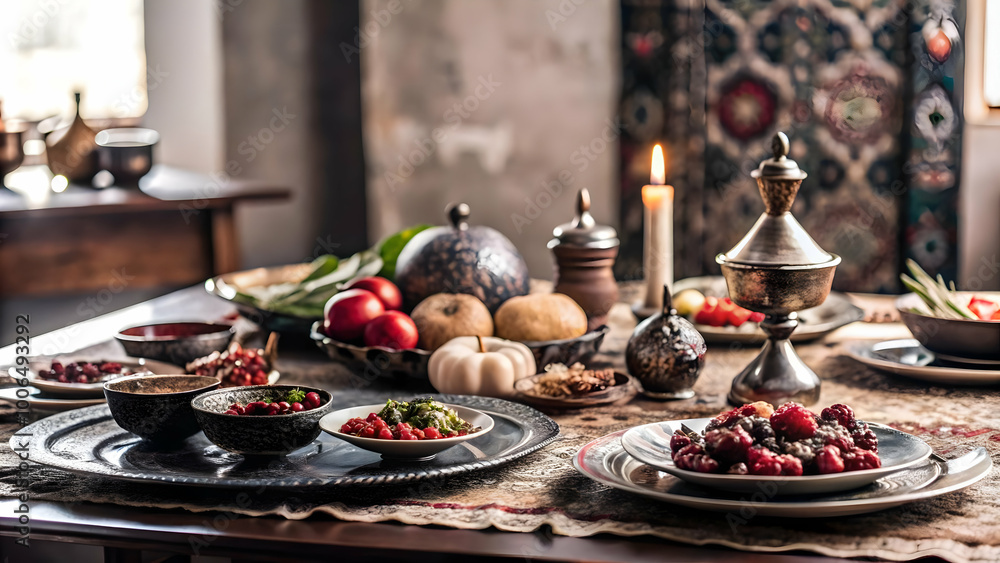 Beautifully Set Yalda Night Table: Vibrant Colors and Traditional Items in a Wide Shot - Captivating Photo Stock Concept Beautifully Set Yalda Night Table: Vibrant Colors and Traditional Items in a Wide Shot - Captivating Photo Stock Concept