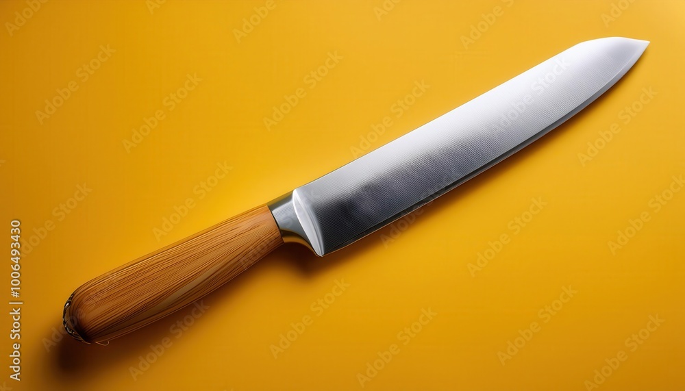 Close-up of a Serrated Bread Knife with a Wooden Handle on a Vibrant Yellow Background, Perfect for Kitchen and Culinary Themes, Highlighting the Blade's Sharp Edges and Craftsmanship Close-up of a Serrated Bread Knife with a Wooden Handle on a Vibrant Yellow Background, Perfect for Kitchen and Culinary Themes, Highlighting the Blade's Sharp Edges and Craftsmanship
