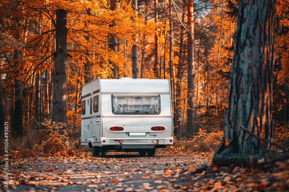 Travel trailer parked in forest wilderness nature in autumn or fall season outdoors. Summer campsite adventure with motorhome, RV caravan camper surrounded by orange and yellow tree leaves Travel trailer parked in forest wilderness nature in autumn or fall season outdoors. Summer campsite adventure with motorhome, RV caravan camper surrounded by orange and yellow tree leaves