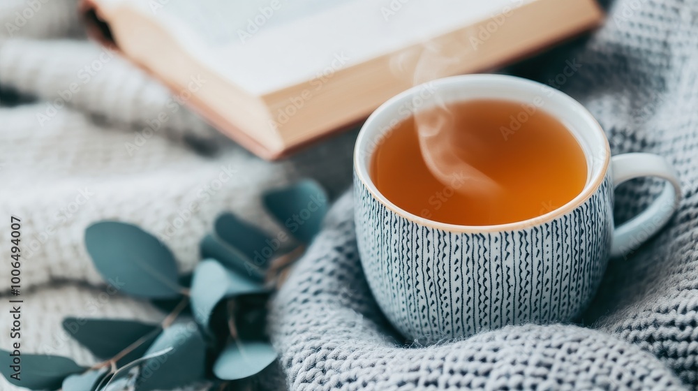 Steaming cup of tea with cozy knitted blanket and open book on a soft background Steaming cup of tea with cozy knitted blanket and open book on a soft background