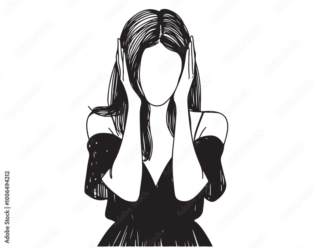 Woman curiosity, in black linen dress. Black and white portrait sketch