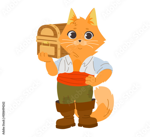Cartoon pirate cat holding treasure chest