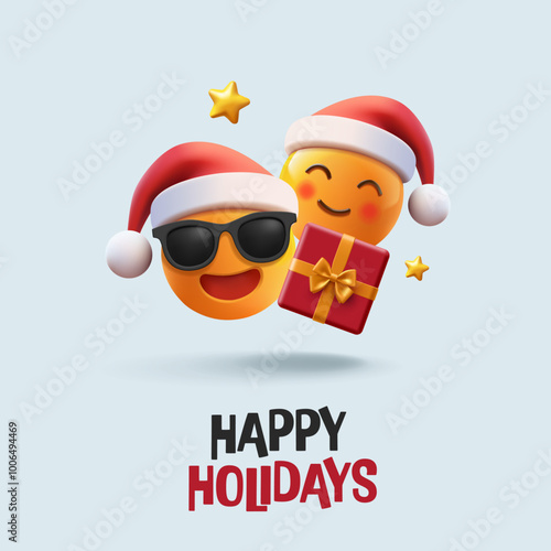 3D funny emojis in Christmas hats, gift box, stars. Happy holidays. Banner for Merry Christmas and New Year celebration concepts. Vector
