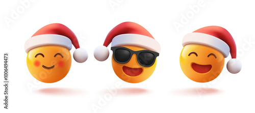 3D set of funny, happy emojis, emoticons, in Christmas red hats. Realistic icons for design and advertising concepts for Christmas promotional materials. Vector illustration.