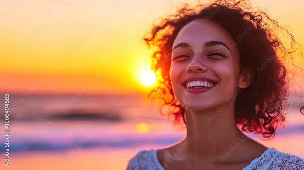 Smiling woman enjoying a vibrant sunset on the beach with ocean in the background Smiling woman enjoying a vibrant sunset on the beach with ocean in the background