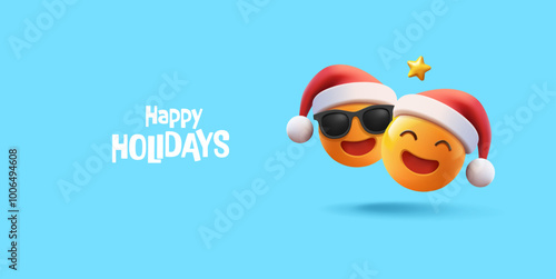Happy holidays. 3D characters of funny Emojis, smileys in Christmas hats. Funny realistic characters for advertising and celebrating Merry Christmas and New Year. Vector illustration