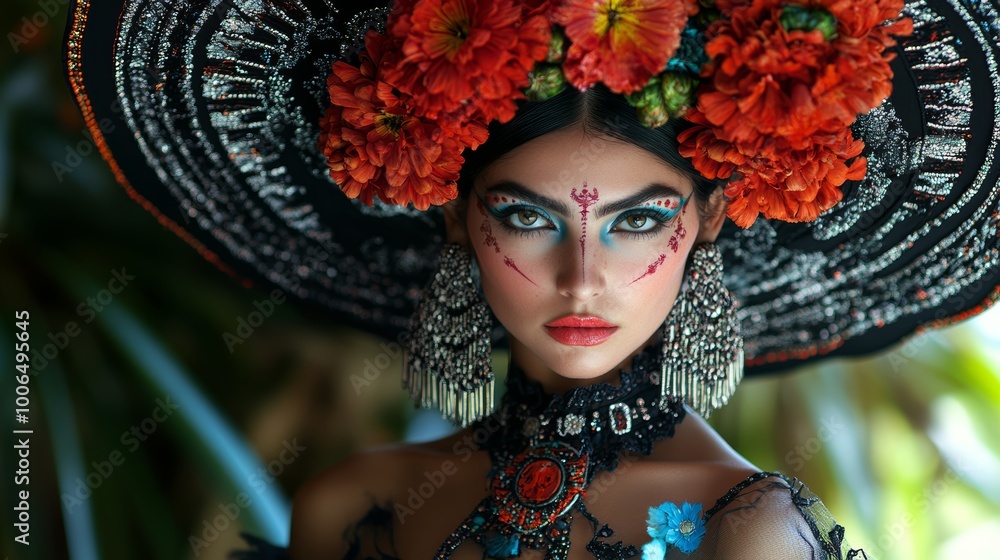 Elegant woman in traditional Dia de los Muertos costume with intricate