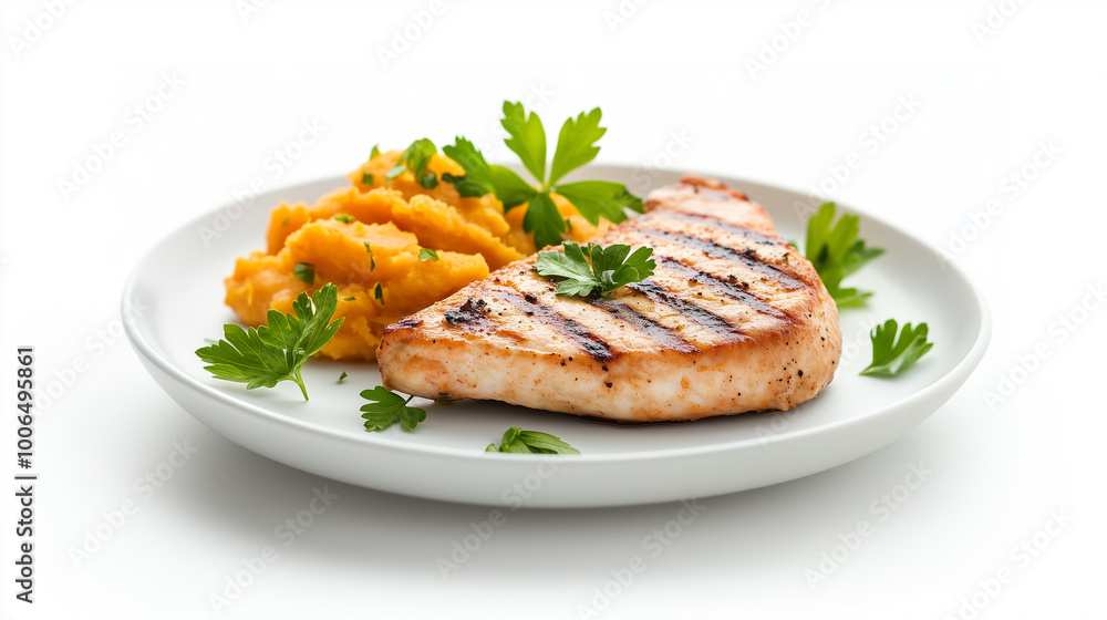 Grilled chicken breast served with creamy mashed sweet potatoes and garnished with fresh parsley, creating delicious and healthy meal option. Grilled chicken breast served with creamy mashed sweet potatoes and garnished with fresh parsley, creating delicious and healthy meal option.