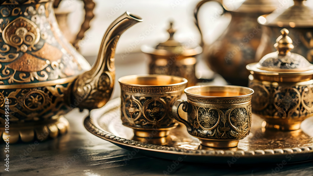 Close Up of Traditional Persian Tea Set: Macro Shot Highlighting Intricate Designs and Textures of Teapot and Cups for Stock Photography Close Up of Traditional Persian Tea Set: Macro Shot Highlighting Intricate Designs and Textures of Teapot and Cups for Stock Photography