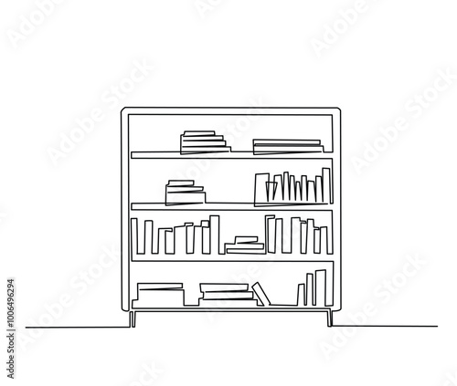 Continuous one line drawing of library bookshelf furniture. Bookcases with books simple line art vector design.