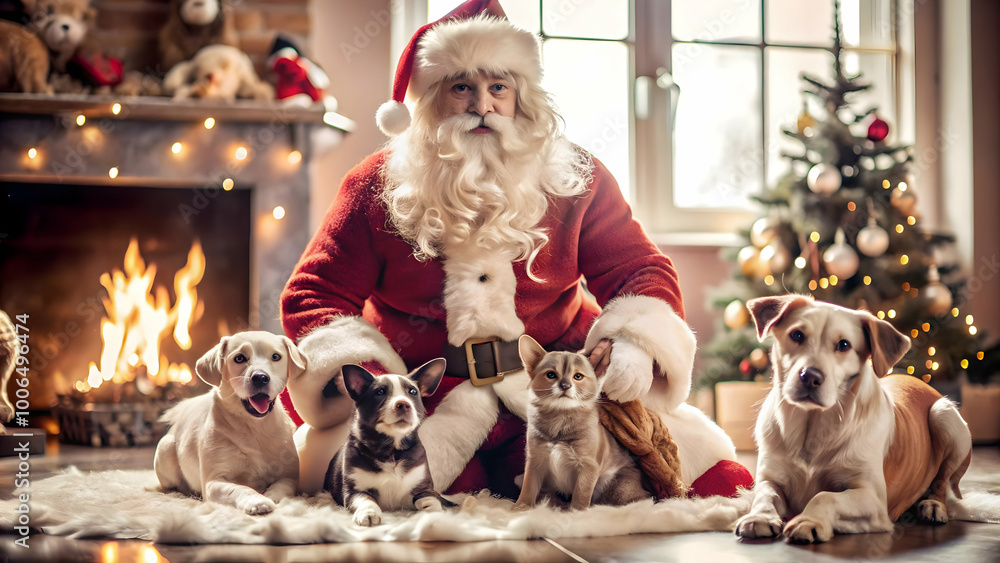 Obraz premium Magical Santa Reading Stories to Enchanted Children in a Glossy Setting � Capture Heartwarming Moments with Space for Text Overlays