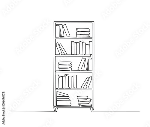 Continuous one line drawing of library bookshelf furniture. Bookcases with books simple line art vector design.