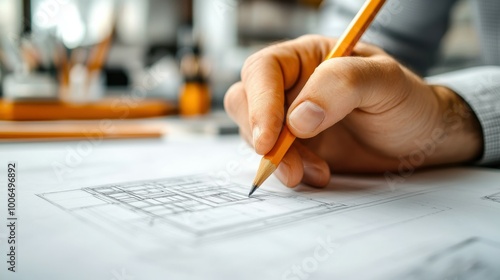 Realistic close-up of an architect hand finalizing a freehand building sketch on tracing paper. The high-definition photo captures the pencil lines, eraser marks, and the architect focused hand with