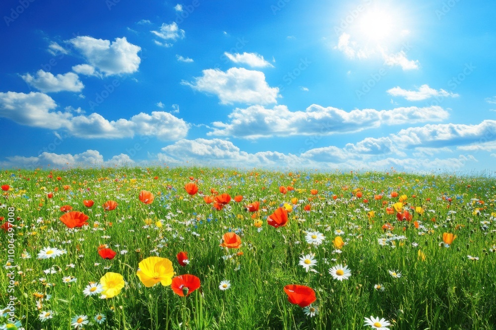 A Vibrant Field of Wildflowers Under a Brilliant Blue Sky: Nature's Springtime Beauty A Vibrant Field of Wildflowers Under a Brilliant Blue Sky: Nature's Springtime Beauty