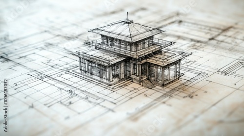 Close-up of a detailed hand-drawn architectural sketch on crisp white paper, featuring intricate lines and shading. The high-definition photo captures the texture of the paper and the precision of