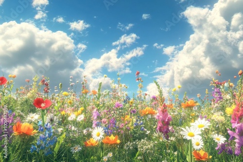 Explore the Beauty of a Vibrant Wildflower Meadow Under a Bright Blue Sky photo