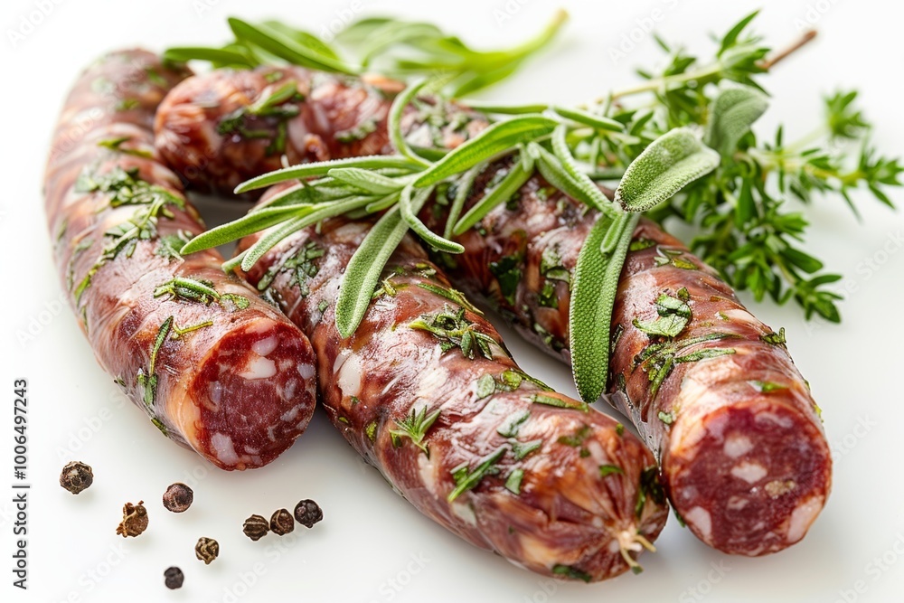 Italian sausage with herbs and spices on white background Italian sausage with herbs and spices on white background