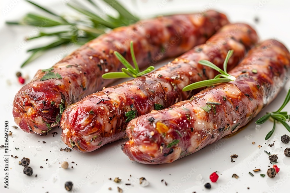 Italian sausage with herbs and spices on white background Italian sausage with herbs and spices on white background