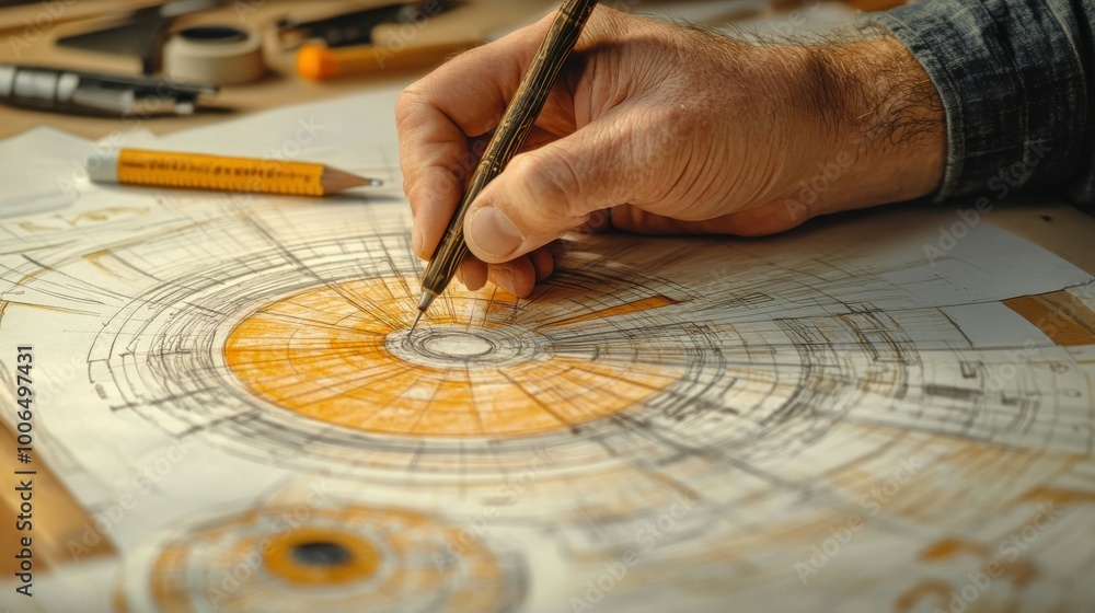 Close-up of an architect hand carefully drawing conceptual building designs on a large sheet of paper. The high-definition photo captures the dynamic flow of the freehand sketch and the surrounding Close-up of an architect hand carefully drawing conceptual building designs on a large sheet of paper. The high-definition photo captures the dynamic flow of the freehand sketch and the surrounding