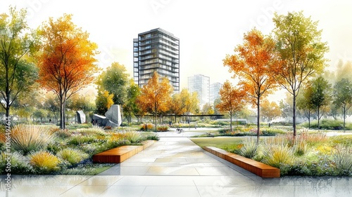 A serene park setting with colorful trees and modern buildings.