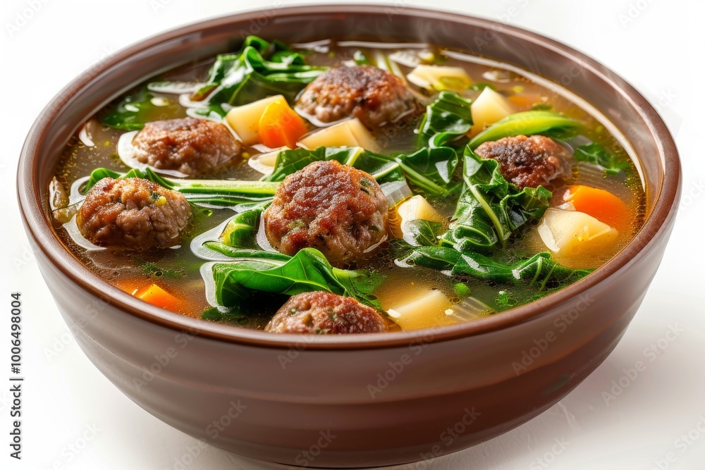 A bowl of Italian wedding soup with meatballs on white background A bowl of Italian wedding soup with meatballs on white background