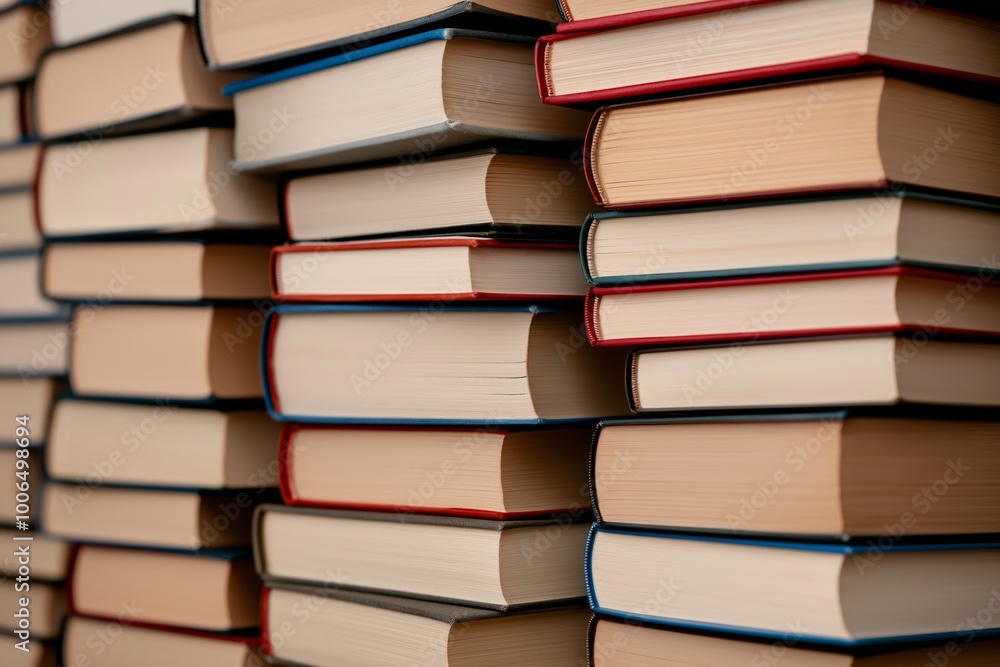 A large stack of hardcover books with beige pages and red, blue, and gray spines, tightly arranged A large stack of hardcover books with beige pages and red, blue, and gray spines, tightly arranged