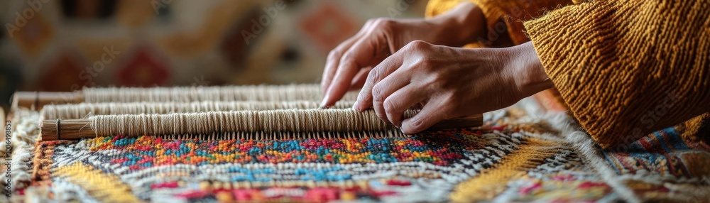 Close-up of hands weaving colorful fabric on a traditional loom, showcasing intricate textile craftsmanship and cultural artistry. Close-up of hands weaving colorful fabric on a traditional loom, showcasing intricate textile craftsmanship and cultural artistry.