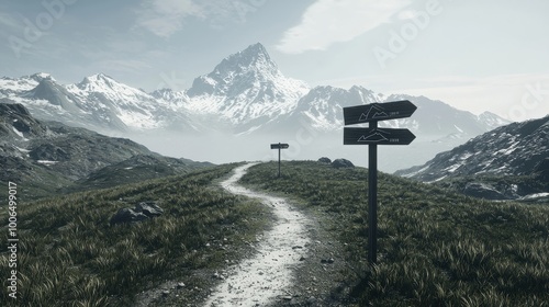 Mountain Path with Markers: A mountain trail with clear goalposts and realistic markers along the way, each sign highlighting a milestone