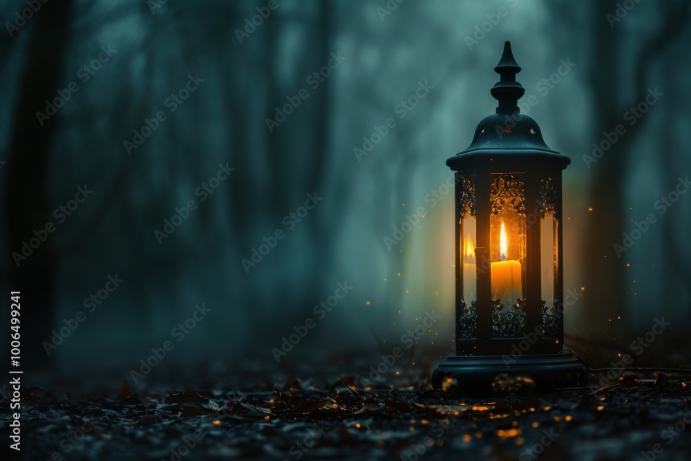 Gothic candle burning in a lantern, dark and misty forest background Gothic candle burning in a lantern, dark and misty forest background