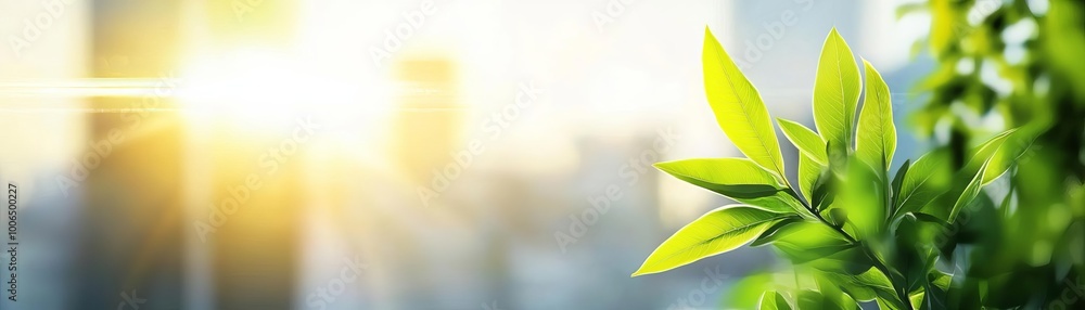 Obraz premium Bright green leaves with sunlight in a blurred urban background.